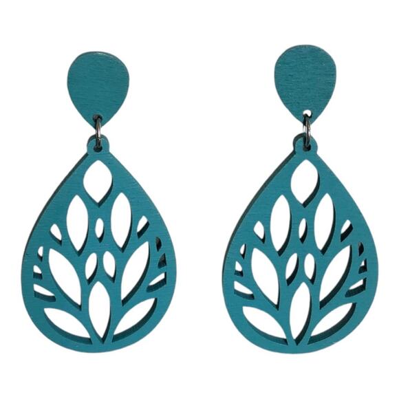 Bohemian Lightweight Wooden Filigree Laser Cut Tear Drop Green Earrings - Picture 7 of 10